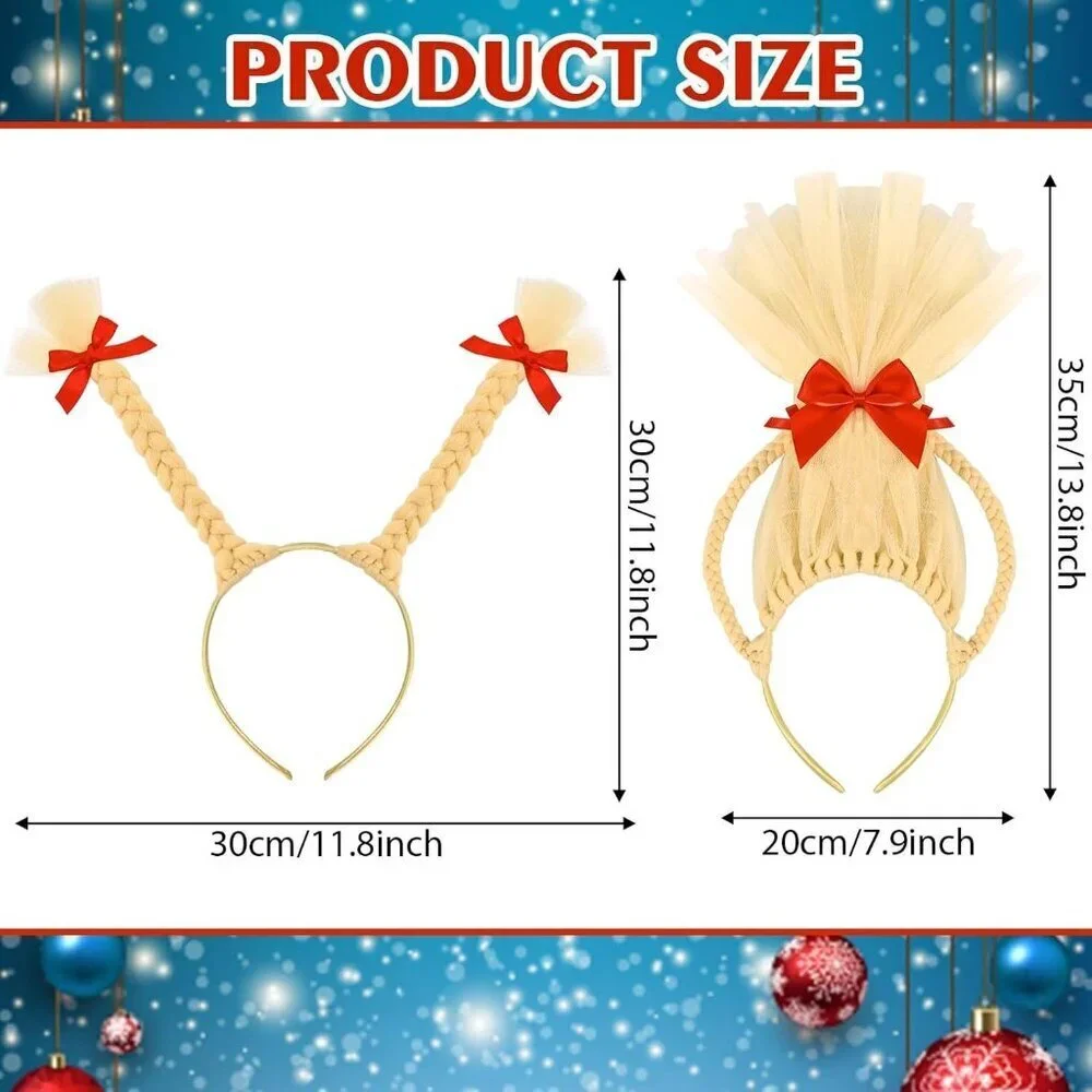 2 Pcs Christmas Headbands Blonde Pigtails with Red Bows for Holiday Party